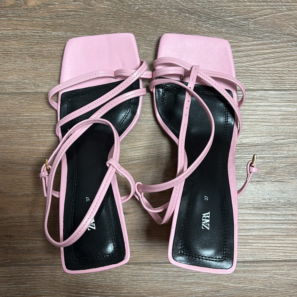 Zara Pink Strappy Square-Toe Heeled Sandals